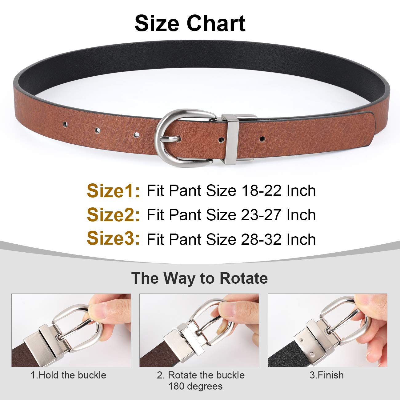 Kid Boy\'s Reversible Belt, JASGOOD kids Leather Casual Dress Belt for Jeans Pants with Alloy Buckle (Black/Brown,Pant Size 23-27 Inch)