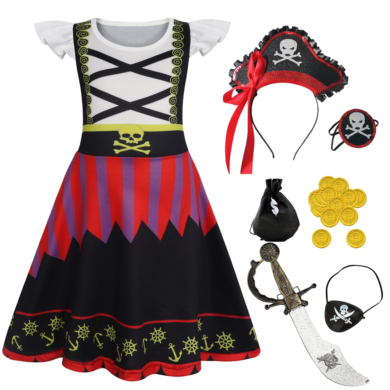 Berich Kids Pirate Fancy Dress Up Halloween Costumes for Girls World Book Day Outfit Therm Party Role Play Dress Up Pirate Accessories Sword Eye Patch Hat Girls Costume 5-6 Years, Size 130, Black — image 1