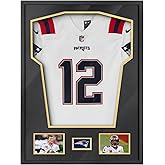 Yaetm Jersey Display Frame Case, Large Sport Jersey Shadow Box with Tempered Real Glass and Hanger for Baseball Basketball Football Soccer Hockey Shirt and Uniform, Two 4x6 Photos, Single, Black