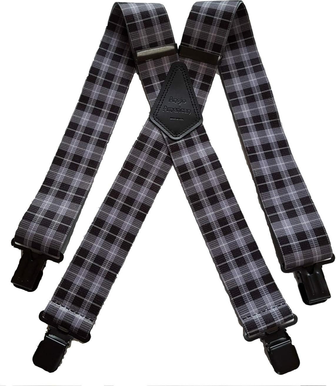 Mens Braces 2" or 1.5" Heavy Duty Tartan Grey Black Plaid Black Clips