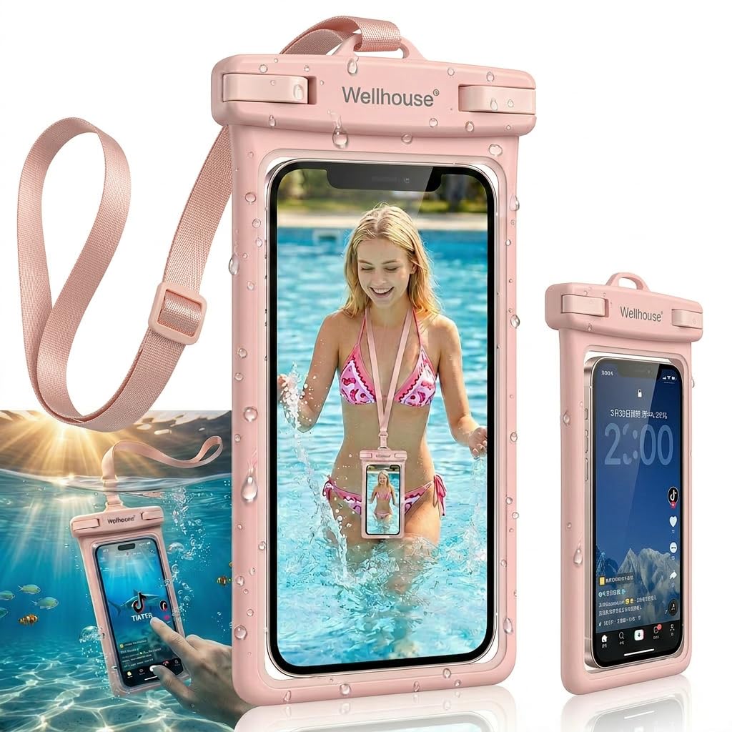 wellhouse Waterproof Phone Pouch Case, 3D Stereoscopic 7" Waterproof Cell Phone Dry Bag for iPhone15 14 13 XS XR X Pro Max Plus Mini, S22 S21 Ultra, IPX8 Underwater Phone Protector, Pink