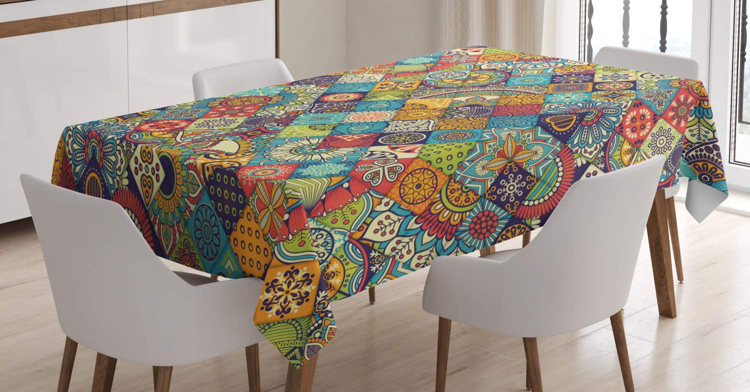 ABAKUHAUS Bohemian Tablecloth, Geometric Pattern Ornamental Floral Folk Art Abstract, Dining Room Kitchen Table Cover, 54" x 94", Teal Red Orange