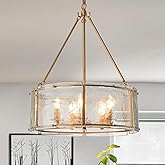 Kunlinzhu 20.47" Glass Gold Chandeliers for Dining Room,Drum Dining Room Light Fixtures Over Table,Hanging Pendant Light for 