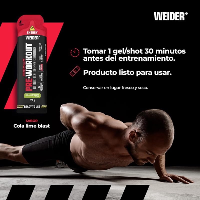 Premium Pre-Workout Gel (12 x 70g) Sabor Cola-Lima, Precursore de Óxido Nítrico, Con L-Citrulina, L-Arginina, Beta Alanina, Cafeína y Vitaminas, Energía Inmediata, Monodosis Ready-to-use