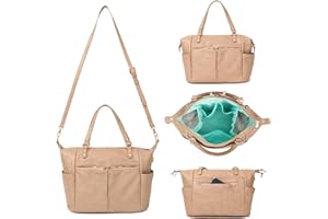 MOMINSIDE Small Diaper Bag, Mini Diaper Tote, Leather Diaper Bag Purse, Crossbody Baby Bag with 13 Pockets, Diaper Clutch for Women Mom, 2 Insulated Pockets(Camel)