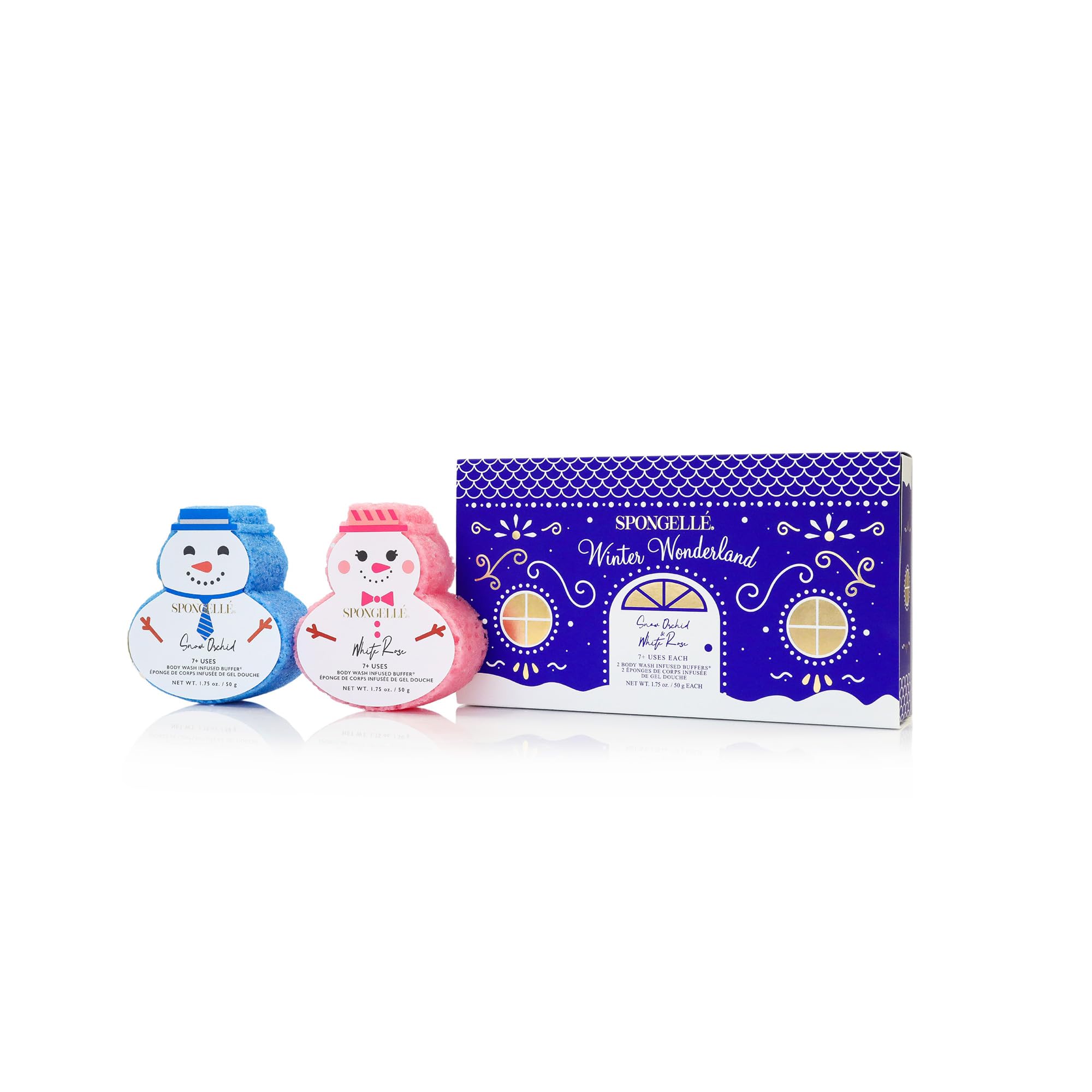 SPONGELLÉ Snowpeople Gift Set Body Wash Infused Buffers | Moisturising Body Wash & Soap Filled Sponges in One | Exfoliating Sponge | 7+ Uses Each Buffer | Winter Wonderland