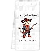 OINDADE Western Cowboy Cat Kitchen Towels, Funny Western Cat Hand Towels, Sarcastic You’ve Just Buttered Dish Towel Tea Towel for Kitchen Decorative, CatCowboy Bathroom Kitchen Decor, 16x24In