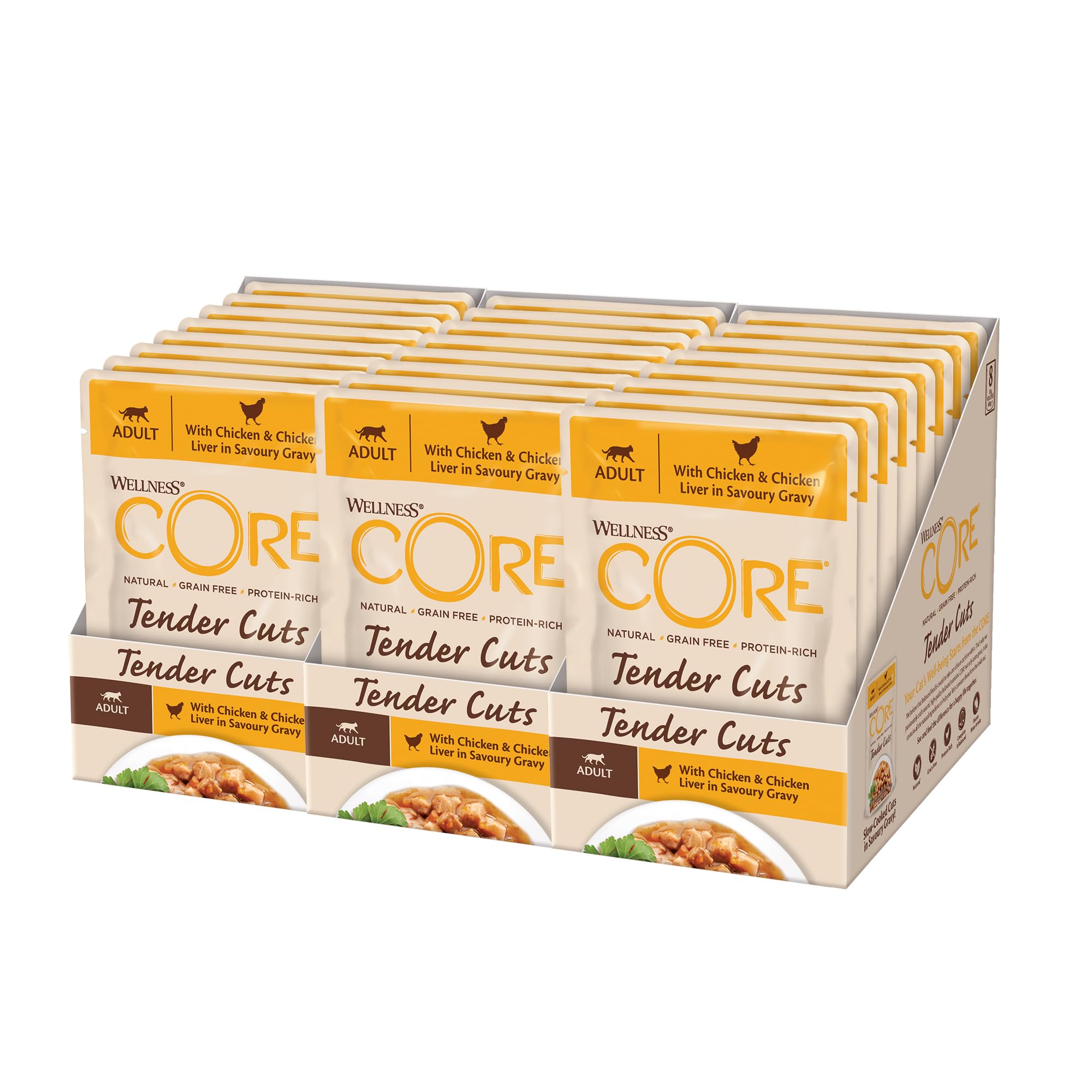 Wellness CORE Tender Cuts 24 x 85g, Chicken & Chicken Liver – Wet Cat Food, Tender Pieces in Sauce, Grain-Free, Natural, Hypoallergenic, Protein-Rich, High Meat Content
