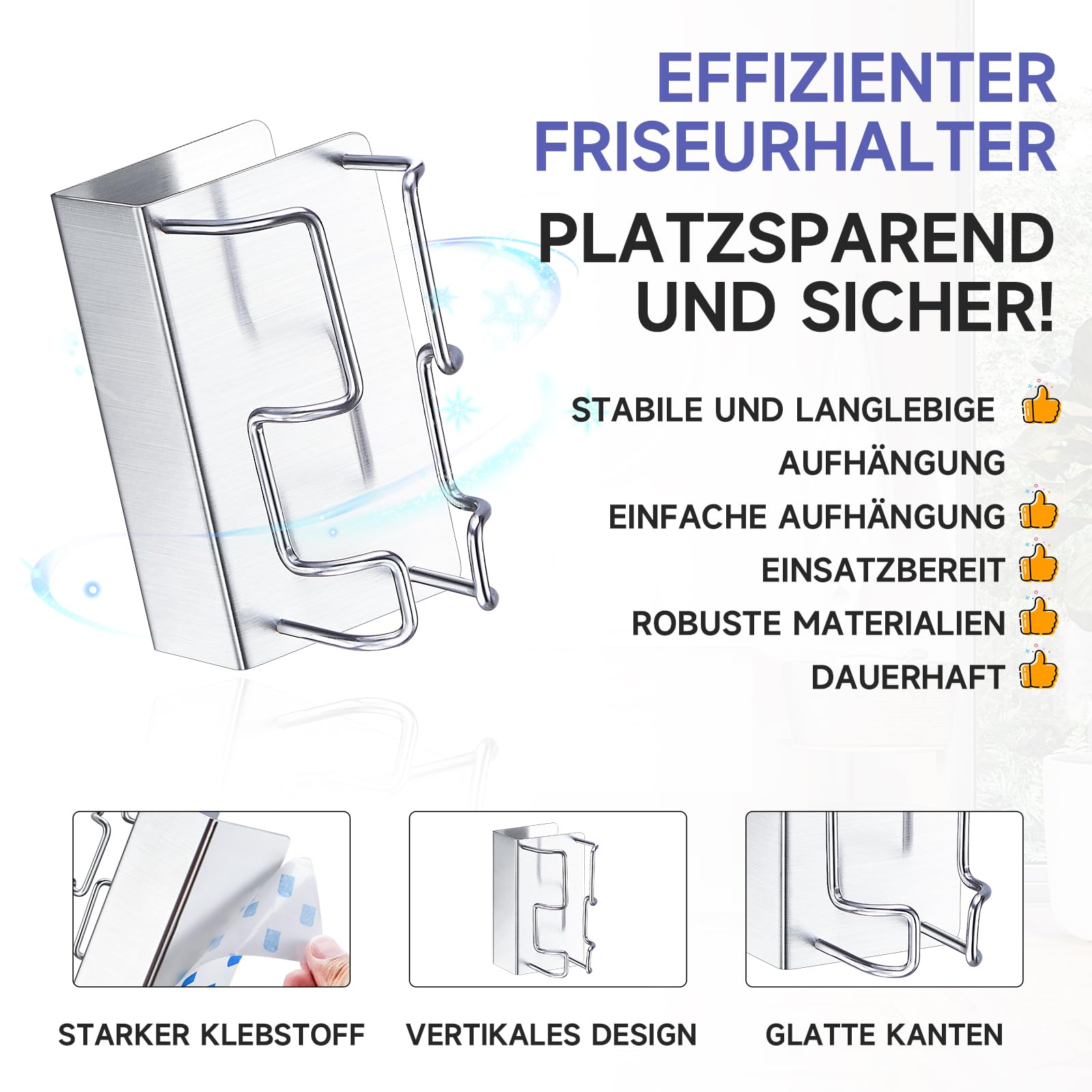 Glätteisen Halterung Wand, Haarglätterhalter, Lockenstab Halter Ohne Bohren Metall, Selbstklebender Halterung Glätteisen, Aufbewahrung Lockenstab für Bad Schlafzimmer Barbershop Hotel (Silber) 7