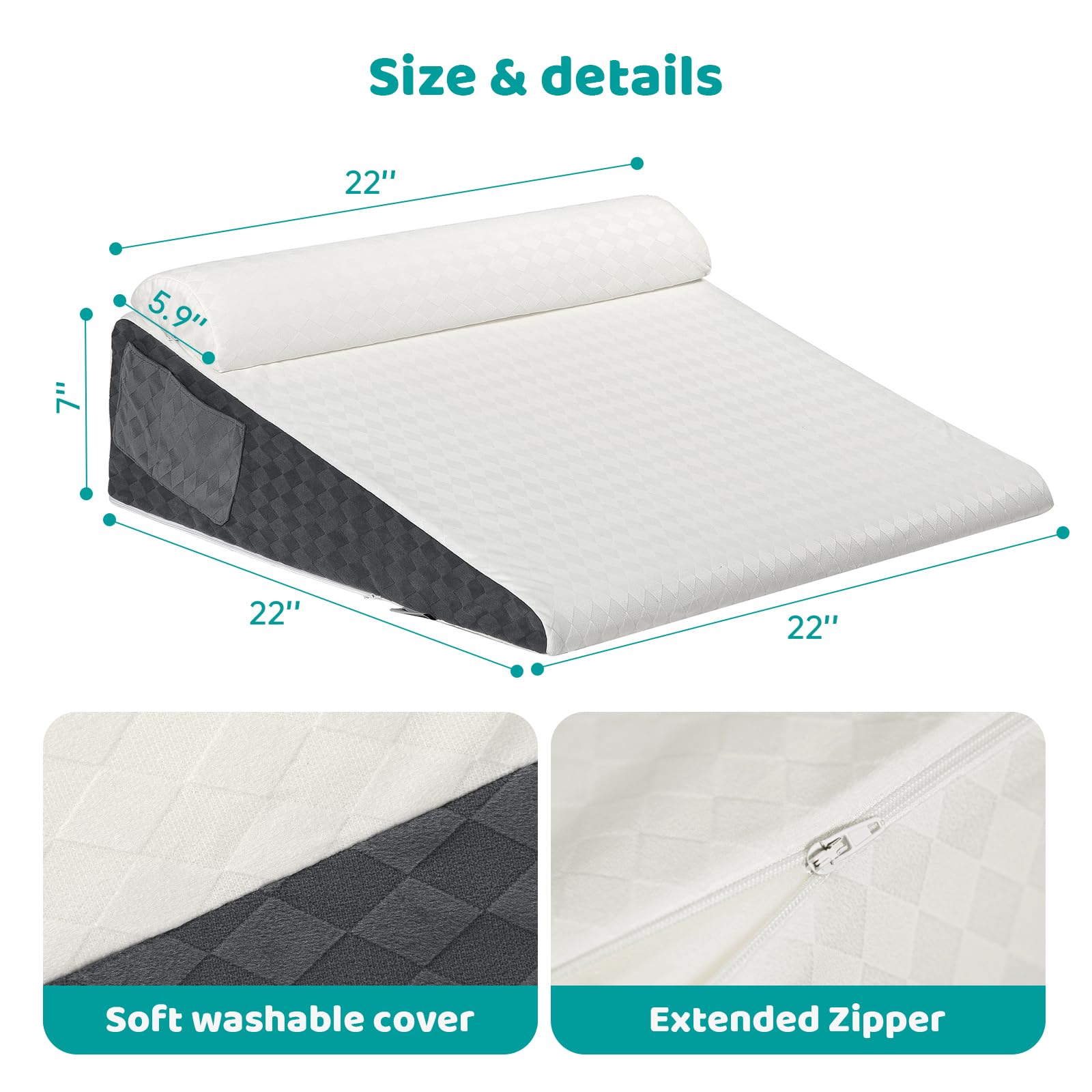 Memeluckon Bed Wedge Pillow for Sleep Apnea, 22''x22''x7'' Triangle Wedge Pillow with Neck Pillow for Sleeping, Acid Reflux, Back Pain Relief, Post Surgery, GERD, Bed Wedge Pillow for Sleep Apnea