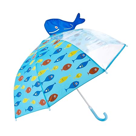 Kinder Schirm für Mädchen,Hibbent Regenschirm für Kinder, mit Sichtfenster und 3D-Fisch Stockschirm mit Sicherheitsöffnung Wi