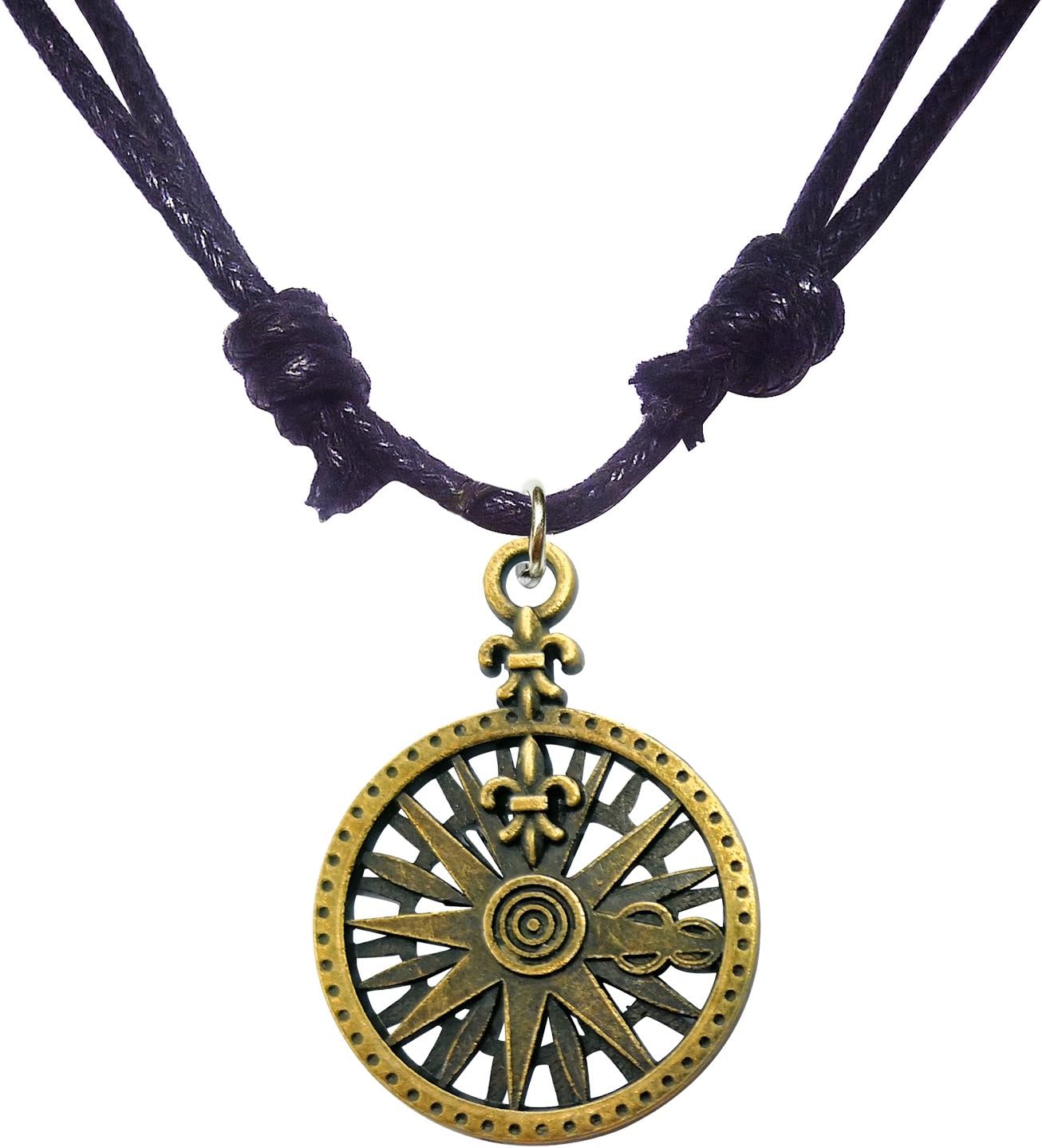 Bijoux de JaAntique Bronze Fleur de Lis Compass Pendant Adjustable Cord Necklace 16"