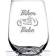 Biker Babe Stemless Wine Glass | Laser Etch Embedded Design | Motorcycle Biker Girl Woman | 15 Ounce