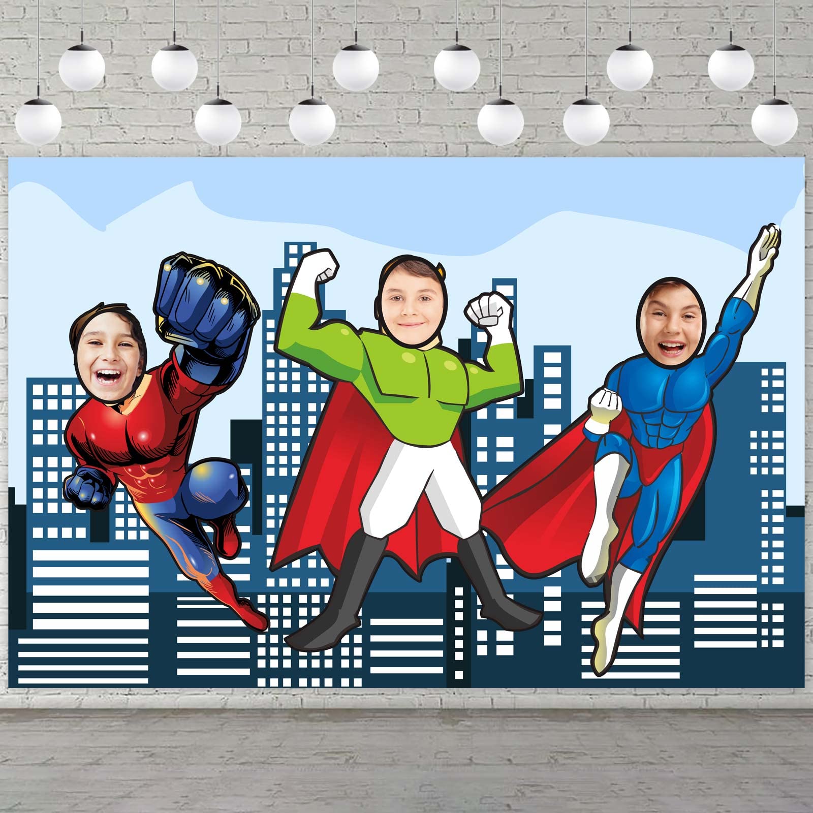 Photo 1 of Superhero Photo Banner Backdrop Background Large Hero Face Photo Booth Props Pretend Play Party Game Superhero Theme Decor for 1st Birthday Party Baby Shower Favors Supplies Decorations