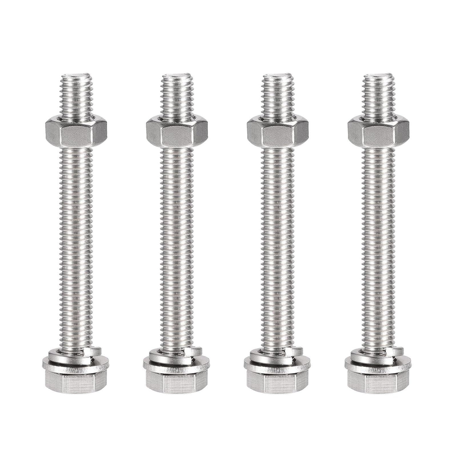 TOP-VIGOR 4Pcs M10 x 90mm Hex Head Screws Bolts, Nuts, Flat & Lock Washers Kits, 304 Stainless Steel Fully Thread Hexagon Bolts for DIY Bike Motorcycles Repair