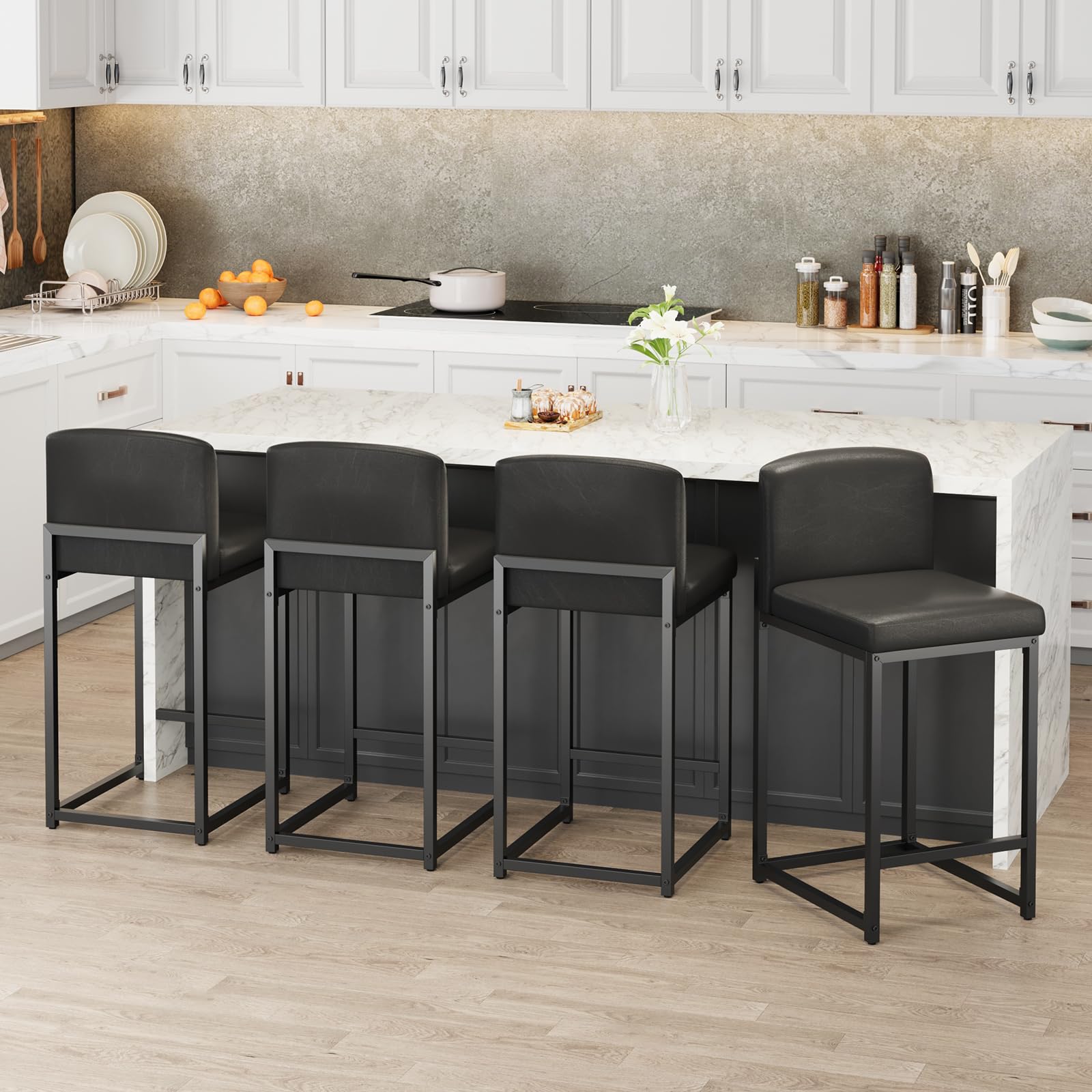 Photo 1 of ***MISSING HARDWARE*** GarveeHome Bar Stools Set of 4, Modern Counter Height Bar Stools with Back and Footrest, Faux Leather Upholstered Barstools Chairs for Kitchen Island Dining Room Bar, Black