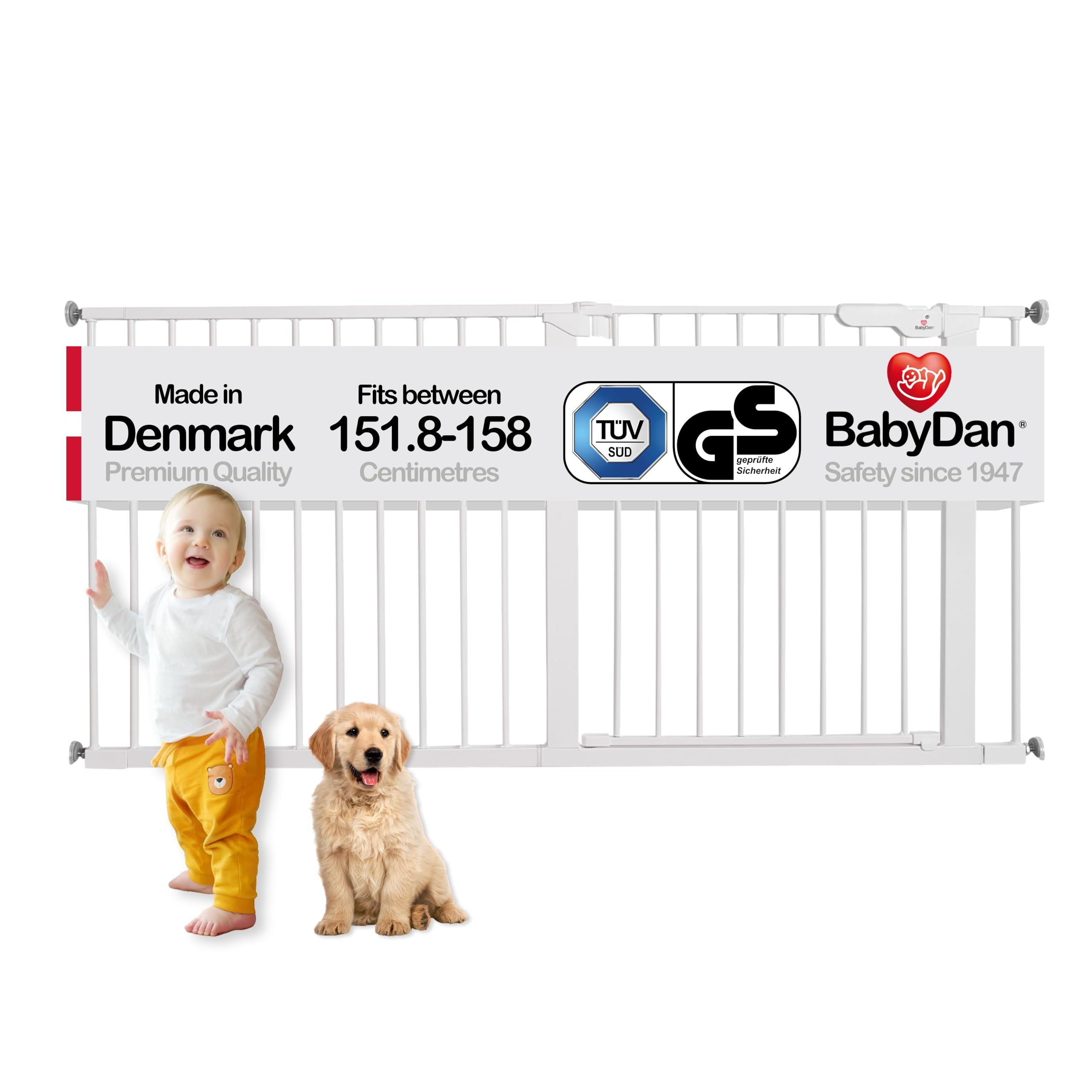 BabyDan Premier, Extra Wide Pressure Fit Stair Gate, 151.8-158 cm, Baby Gate/Safety Gate, Metal, White, Made in Denmark - (Pet Gate/Dog gate)