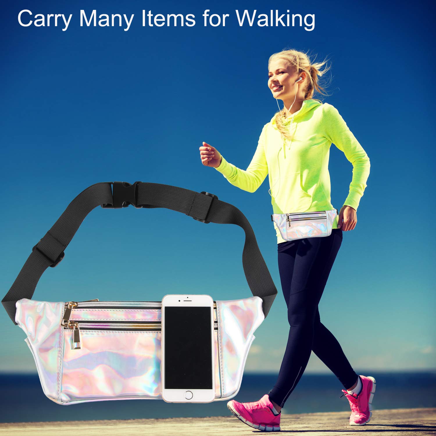 Fanny Pack Waist Bag Women Bum Pouch Pocket Cute Holographic Shiny Iridescent Adjustable Belt Travel Running (Silver)