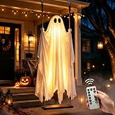 Halloween Large 5.6FT Swinging Ghost Decoration,Light Up Hanging Ghost | Pre-Assembled Hanging Design, Warm LED Lights Strings with Remote Control &amp; 6H Timer, Outdoor Porch Tree Yard Display 