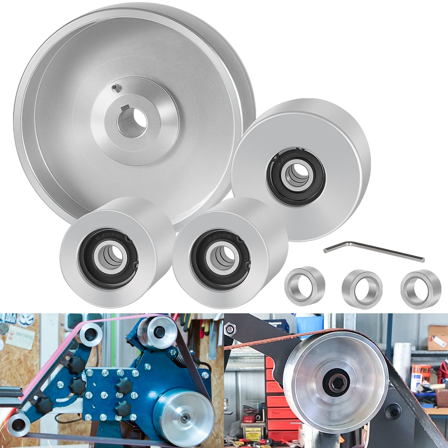 Photo 1 of 2" x 72" Belt Grinder Wheel Set Complete Wheel Kit Aluminum Wheel Crowned for Knife Grinder 5" Drive 5/8" Bore 3" Track 2" Idler (5" 5/8-3" - 2")