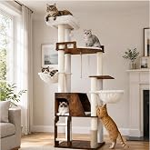 Hey-brother Wooden Cat Tree Tower with Large Condos, 2 Platforms, MPJ111SR | 65.8 Inches Cats Furniture, Self-Grooming Brush, Plush Baskets, Full Sisal Scratching Posts for Indoor Big Cats, Rustic Brown