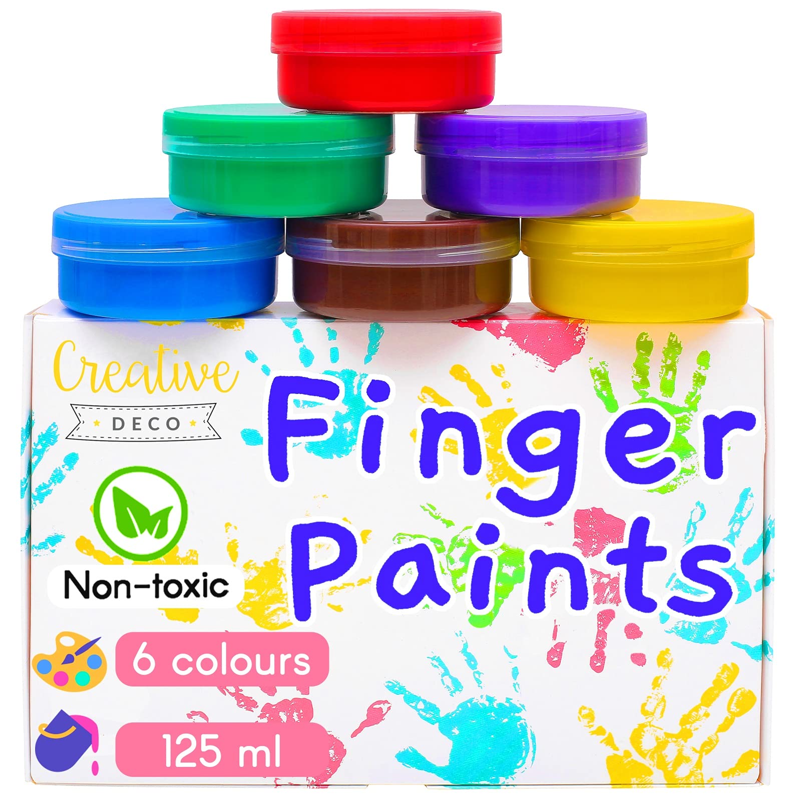 Creative Deco Washable Kids Finger Paints Poster Paint | 6 x 125 ml Pot | Non-Toxic & Safe for Baby, Toddler, Child | Intense Colours | Water-Based Washable Paint