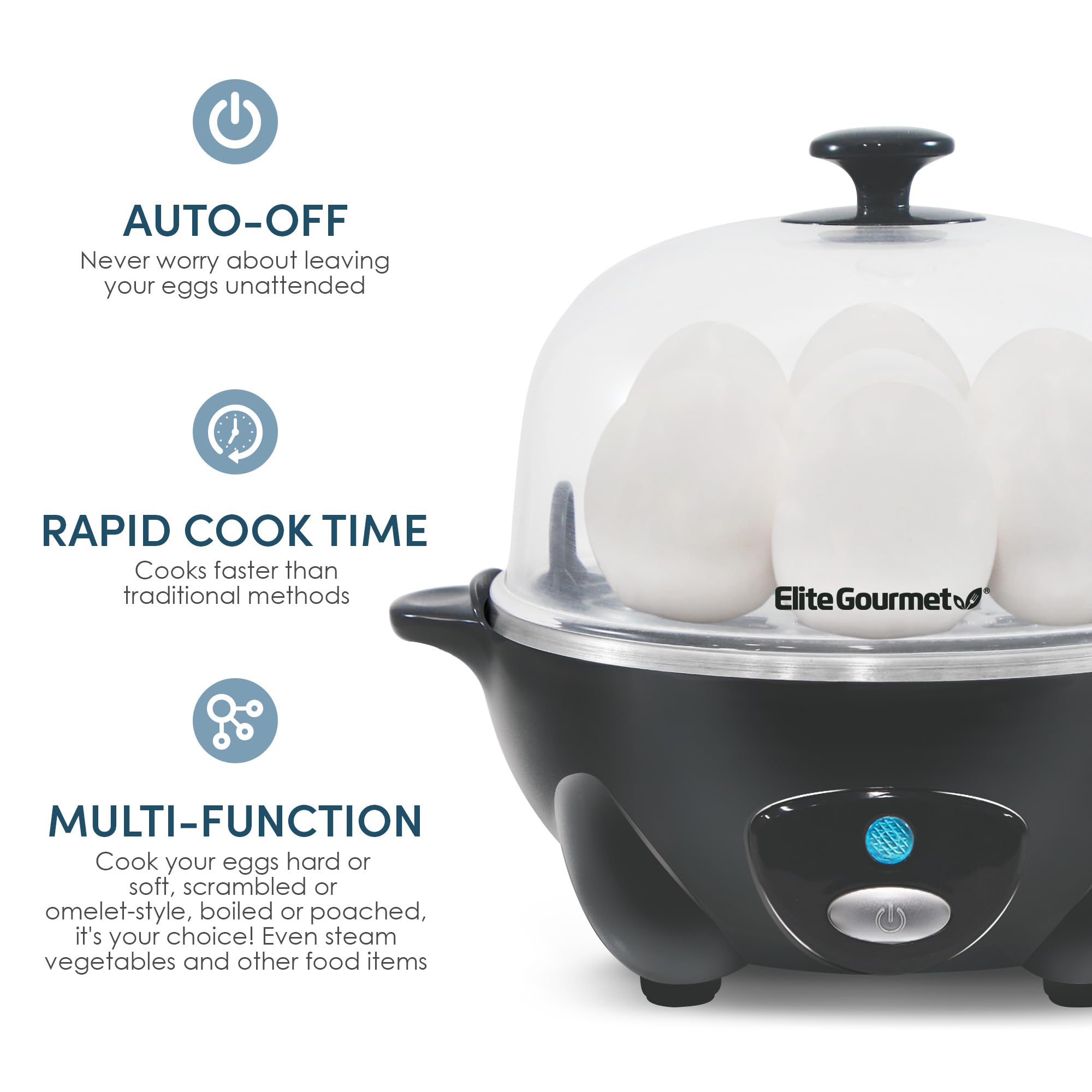 Elite Gourmet EGC700DKG# Rapid Egg Cooker, 7 Easy-To-Peel, Hard, Medium, Soft Boiled Eggs, Poacher, Omelet Maker, Auto Shut-Off, Alarm, 16-Recipe Booklet, BPA-Free, Shadow