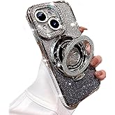AuroiCCY for iPhone 15 Plus Case, Compatible with Magsafe Shockproof Bling Diamonds Kickstand Ring Holder Camera Lens Protector Girly Woman Glitter Cute Phone Cover for iPhone 15 Plus (Silver)