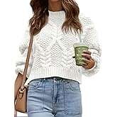 Saodimallsu Womens Cable Knit Cropped Sweater Fall Chunky Puff Long Sleeve Crewneck Loose Casual Pullover Tops