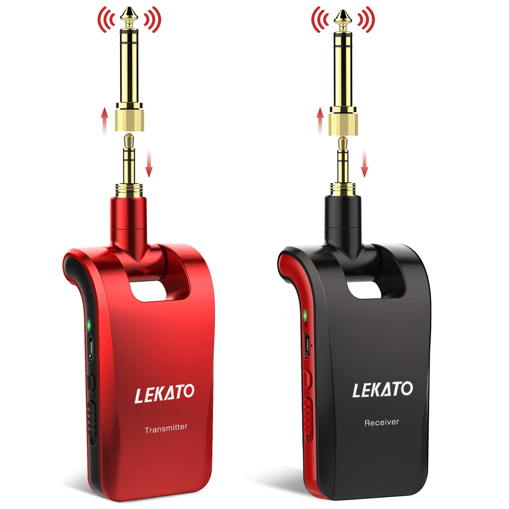 LEKATO 2.4Ghz Stereo Wireless Guitar System with 1/4” & 1/8” Plugs for Musical Instruments Rechargeable Wireless Bass Transmitter Receiver Cordless Electric Guiar Lead for Guitar Bass (Red)