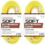 2 Pack of 50 Ft Outdoor Extension Cords - 12/3 SJTW Heavy Duty Yellow 3 Prong Extension Cable - Great for Garden and Major Ap