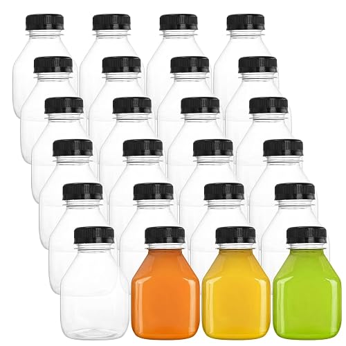 DEAYOU 24 Pack Plastic Juice Bottles, 8 OZ Empty Clear Beverage Bottles with Caps, Small Reusable Drink Container with Black Tamper Evident Lid for Take Out, Milk, Smoothie, Juicing, Tea, Cold Drinks