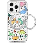 FEWGEY for iPhone 16 Pro Phone Case Kickstand Compatible with Magsafe, 360° Ring Holder Colorful Dinosaur A Design for Kids Gifts Shock Proof Heavy-Duty Protection for Girls Boys Women Men