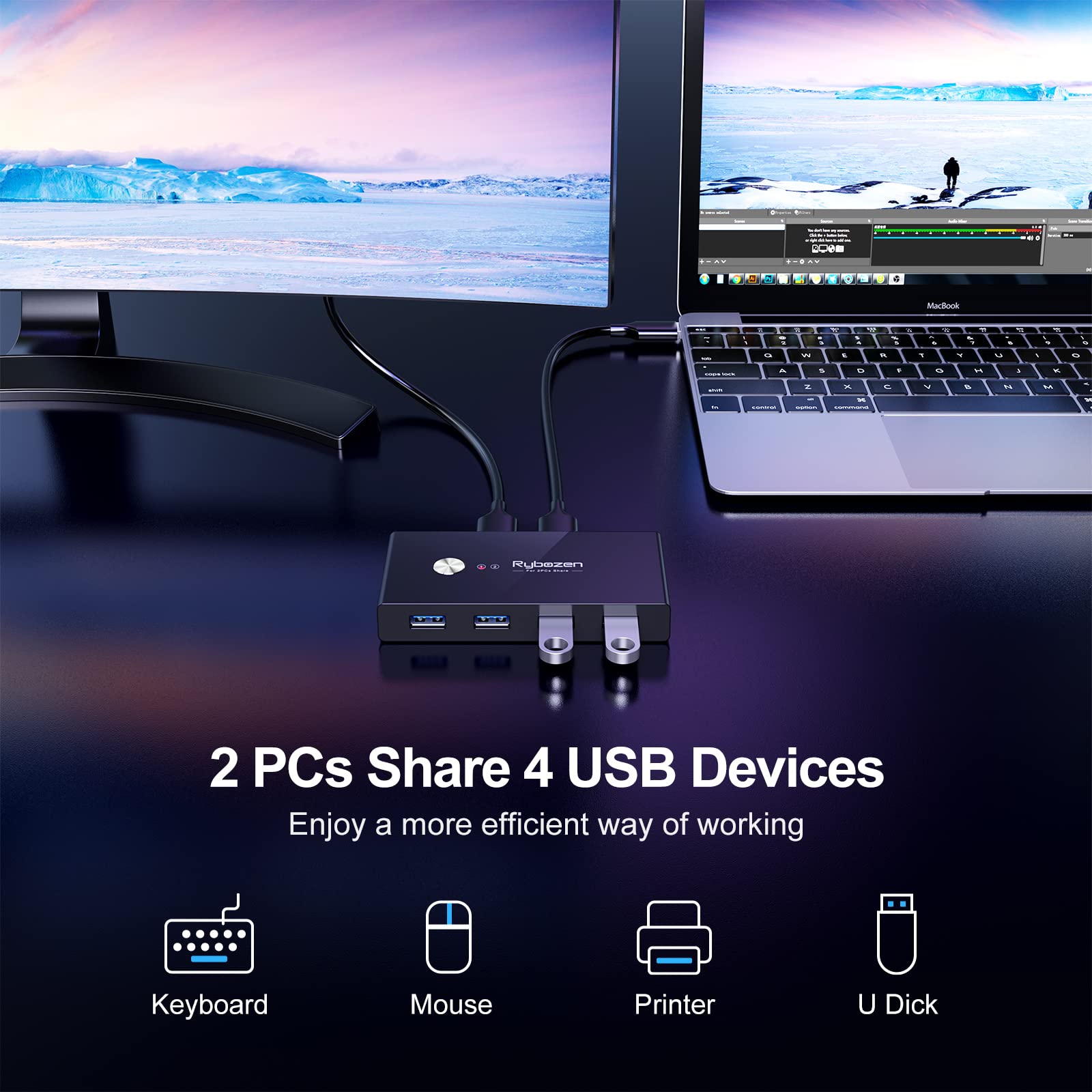 USB 3.0 Switch, USB Switcher 2 Computers Share 4 USB for Keyboard Mouse Printer Scanner, USB KVM Switch Selector with 2 USB 3.0 Cables, Compatible with Windows, Mac, Linux