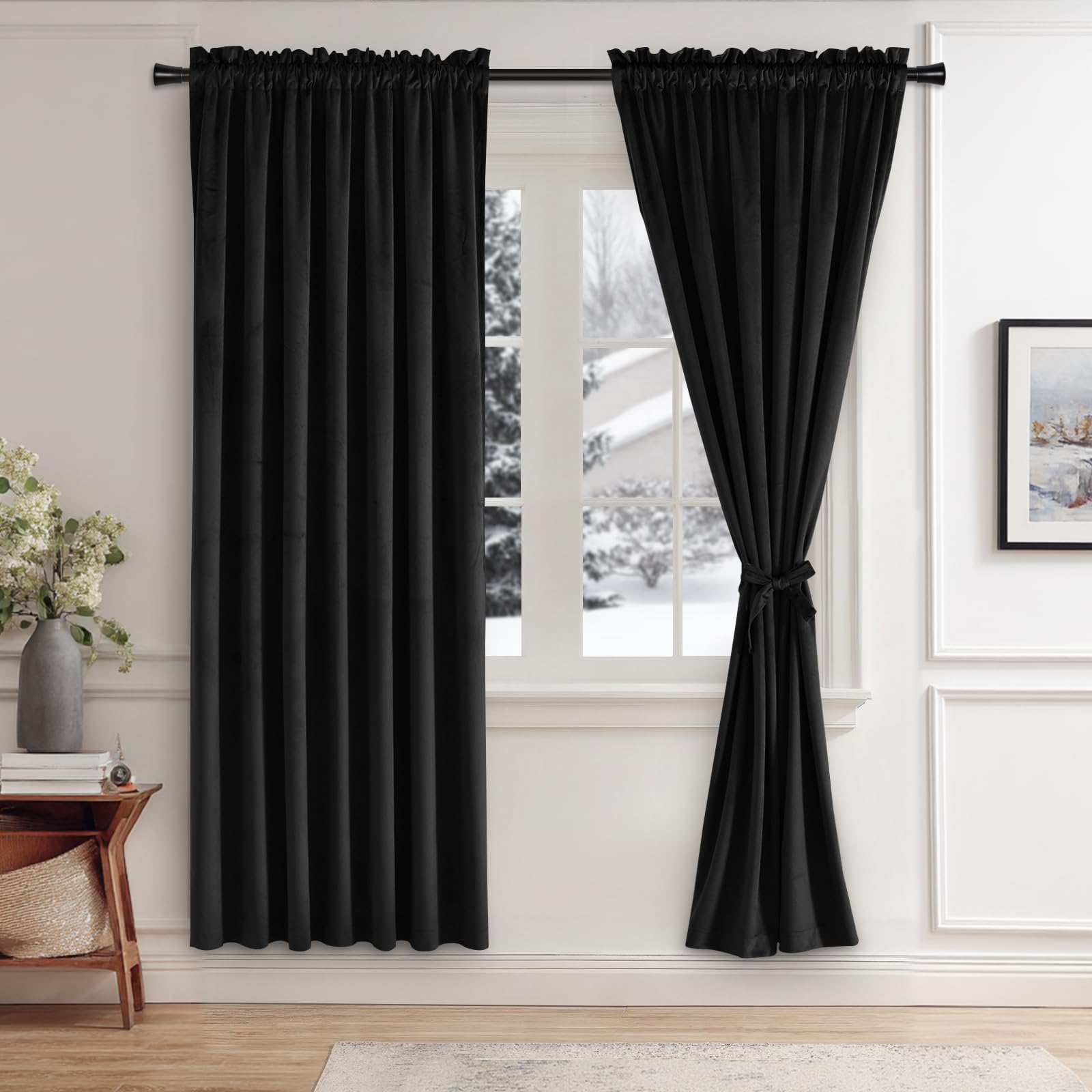JIUZHEN Black Velvet Curtains 63 inches for Living Room - Privacy Protect Room Darkening Rod Pocket Thick Velvet Window Drapes for Bedroom/Dining Room, Set of 2 with Tiebacks, W42 x L63 inches Image