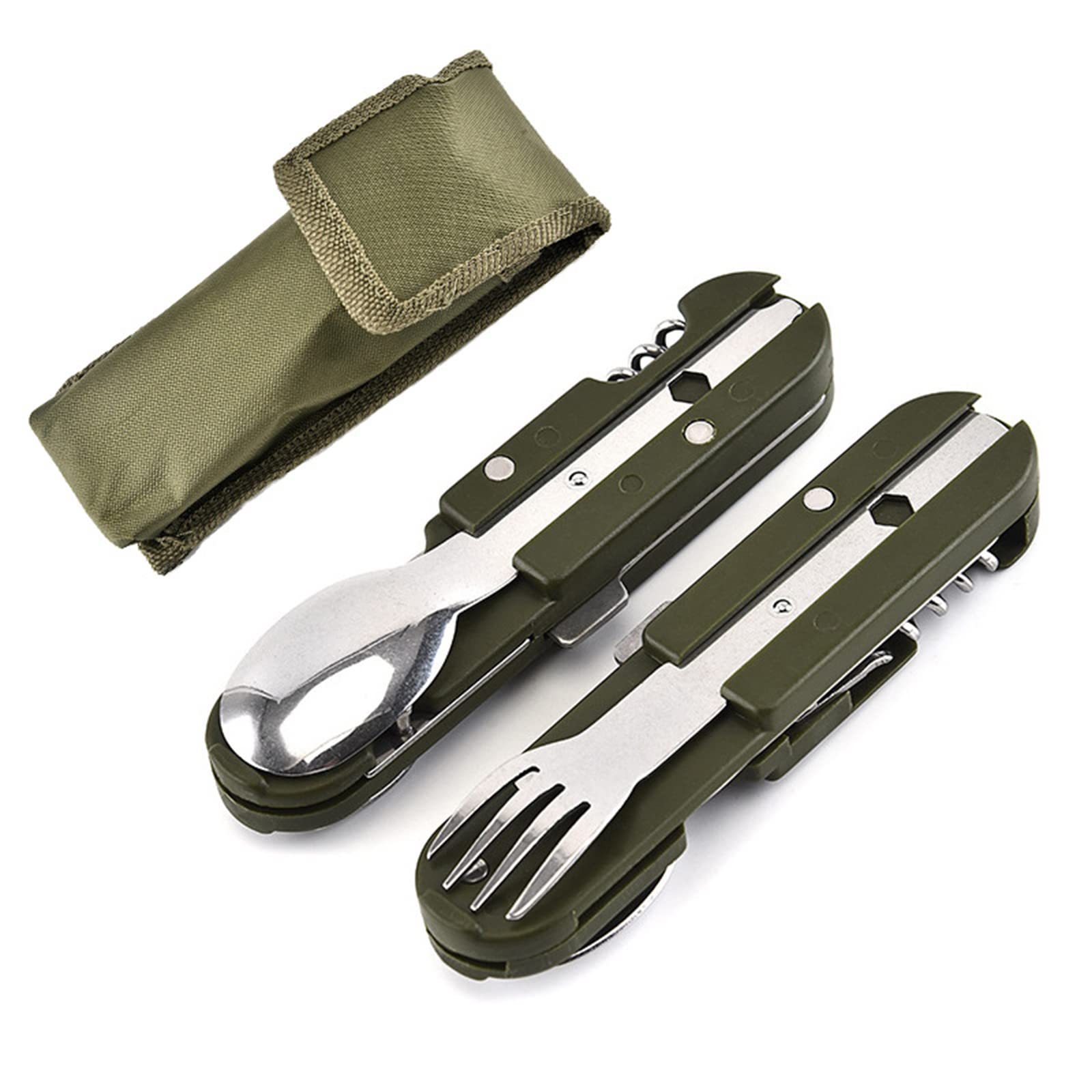 5 in 1 Stainless Steel Camping Tableware Camping Tools Outdoor Tableware Multifunctional Folding Travel Harness (2 Pieces)