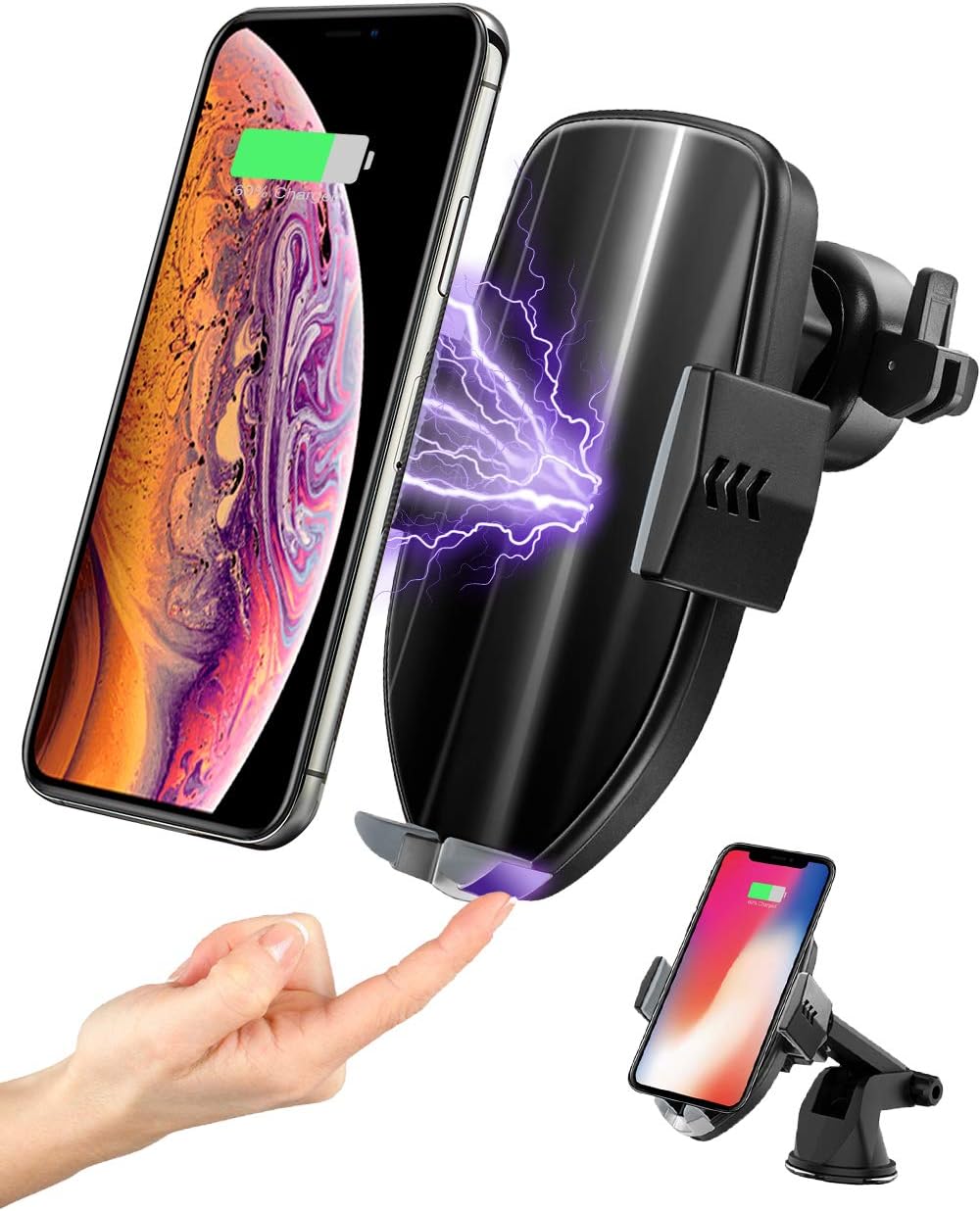 Tminnov Wireless Car Charger Mount ,Touch Sensor Automatic Clamping Qi 10W Fast Wireless Car Phone Holder for Apple iPhone XS/XS Max/XR/X/8/8+, Galaxy S10/S10+/Note9/S9/S9+/S8/S8+