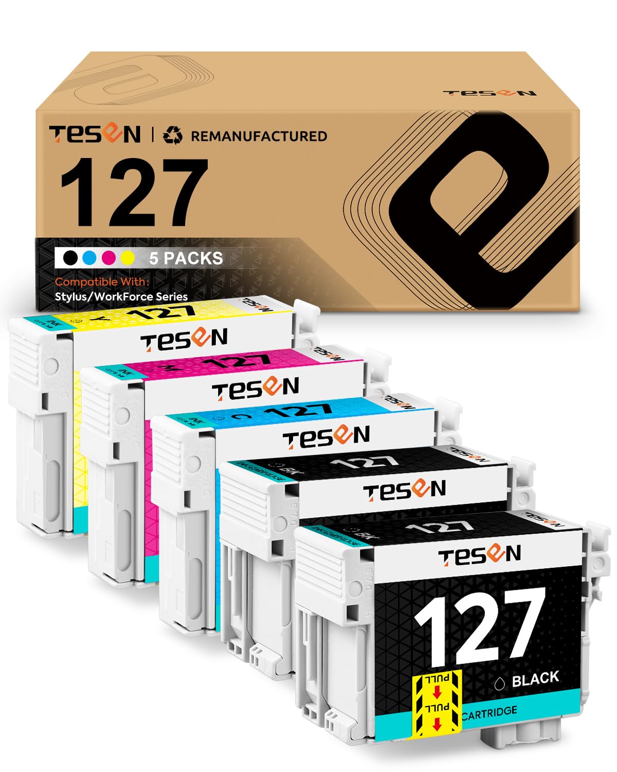 Photo 1 of TESEN 127 T127 Remanufactured Ink Cartridge Replacement for Epson 127XL T127 XL High Yield Ink for Workforce 545 845 645 WF-3540 WF-3520 WF-3530 WF-7010 WF-7510 WF-7520 NX530 NX625 Printer 5 Packs
