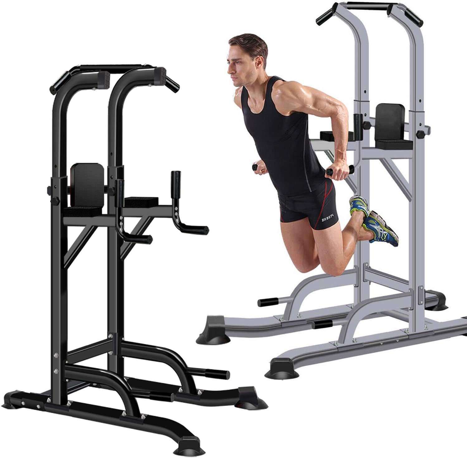 Graft Power Tower Adjustable Dip Station Pull up Bar Push Up Workout Abdominal Exercise Home Gym Tower Body Building Fitness Training Equipment Machine Black & White
