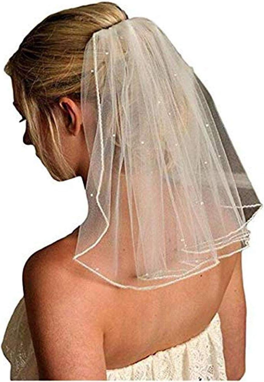 FJMM Women's Tulle Crystals Edge Ivory White Wedding Bridal Veil Short with Comb