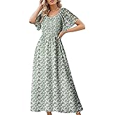 Dokotoo Womens Dresses 2025 Square Neck Tie Backless Summer Dresses Cap Sleeve Floral Buttoned Empire Waist Maxi Dress