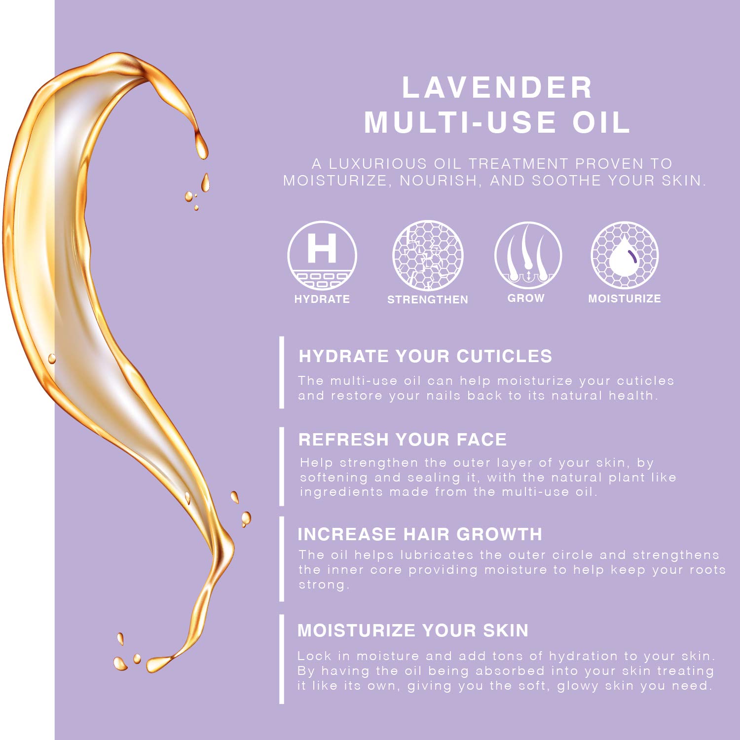 Lavender Multi-Use Oil for Face, Body and Hair - Organic Blend of Apricot, Vitamin E, Fractionated Coocnut and Sweet Almond Oil Moisturizer for Dry Skin, Scalp and Nails - 4 Fl Oz : Beauty