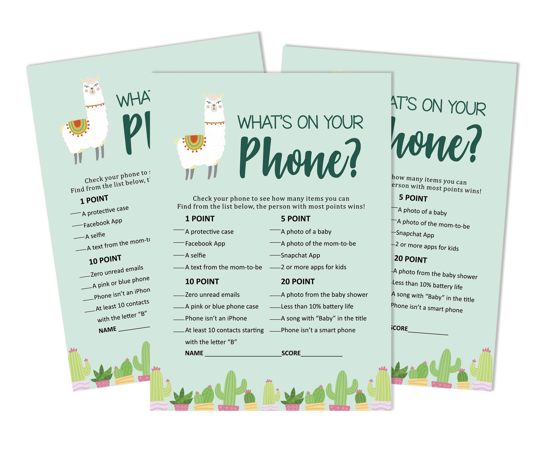 Inkdotpot 50 Sheets What's In Your Phone Baby Shower Game Cards Llama Gender Neutral Activity Cards Party Idea Baby Shower Party Supply