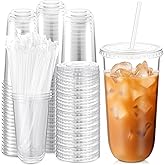 Ziliny 100 Sets Clear Plastic Cups with Lids and Straws, Disposable Iced Coffee Cups for Drinking, Cold Drinks, Juice, Smoothie, Pet Cup for Coffee Shops, Party, Christmas(20 oz)
