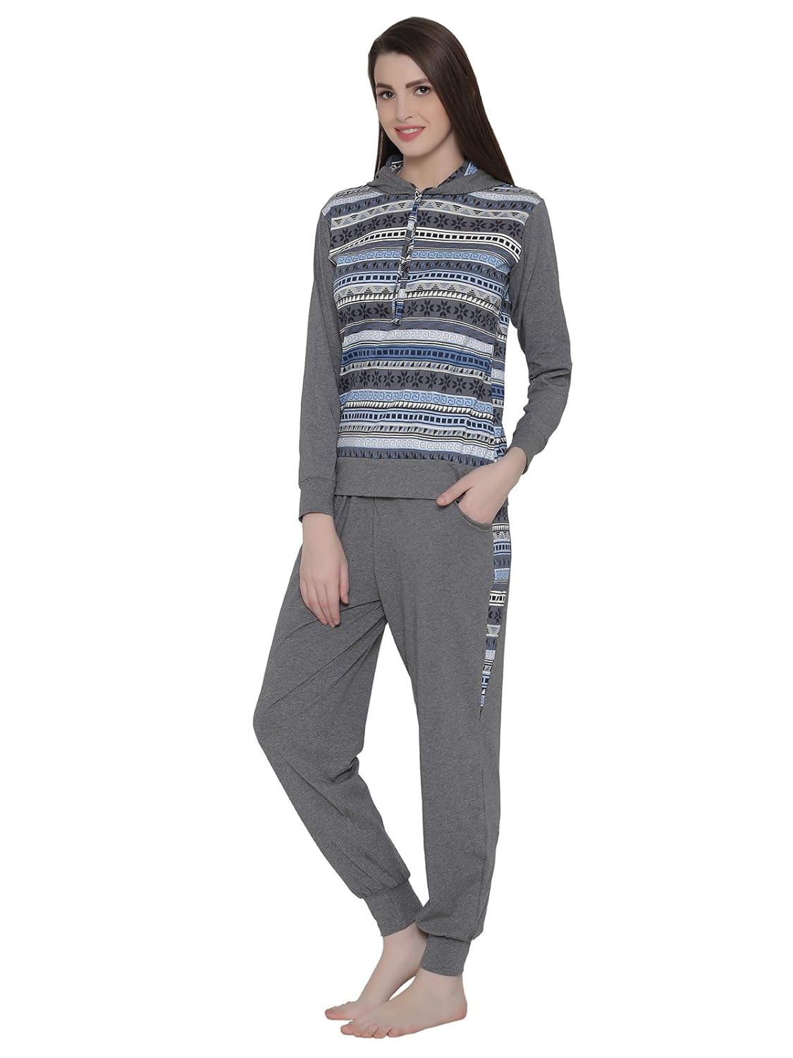 clovia women's cotton rich hooded printed top & pyjama
