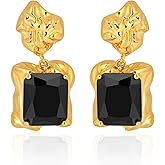 Chunky Gold Geometric Stud Earrings Trendy Vintage 14K Gold Plated Black Cubic Zirconia Statement Cocktail Earrings Dupes Jewelry for Women