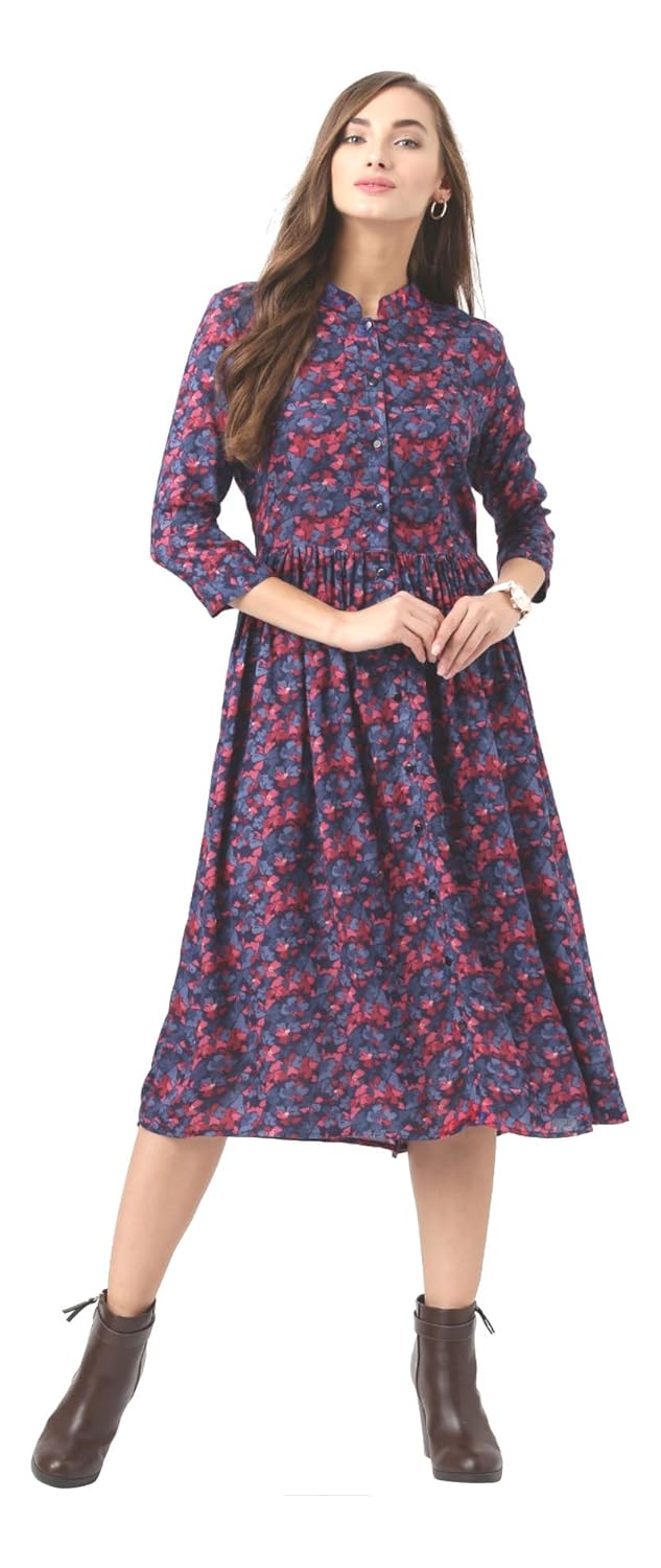 marie claire women blue floral print fit & flare dress (mc59)