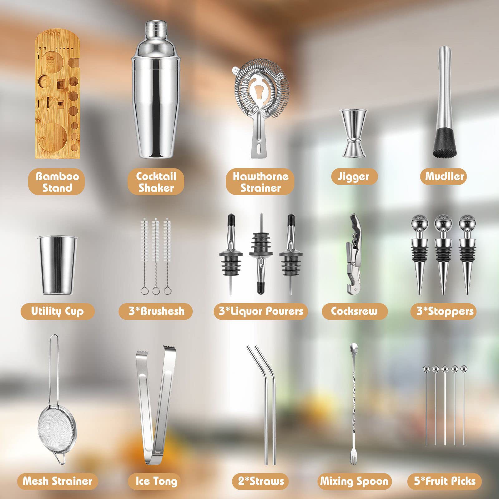 Semderm Cocktail Shaker Set Mixology Bartender Kit with Bamboo Stand | 26-Piece Cocktail Kit Bar Set with All Essential Bar Tools | Perfect Cocktail Set and Bar Kit for Drink Mixing Experience - Image 2