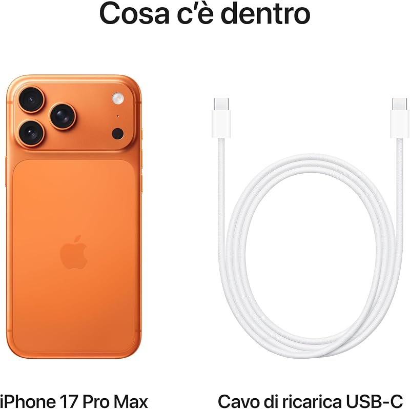 iPhone 17 Pro Max 256 GB: display 6,9", ProMotion fino a 120Hz, chip A19 Pro, autonomia mai vista su iPhone, sistema di fotocamere Pro Fusion, fotocamera frontale Center Stage; Arancione cosmico