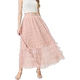 Women's Layered Long Maxi Tulle Skirts, High Waisted A Line Ruffle Tiered Layered Mesh Tutu Petticoat Tulle Skirt